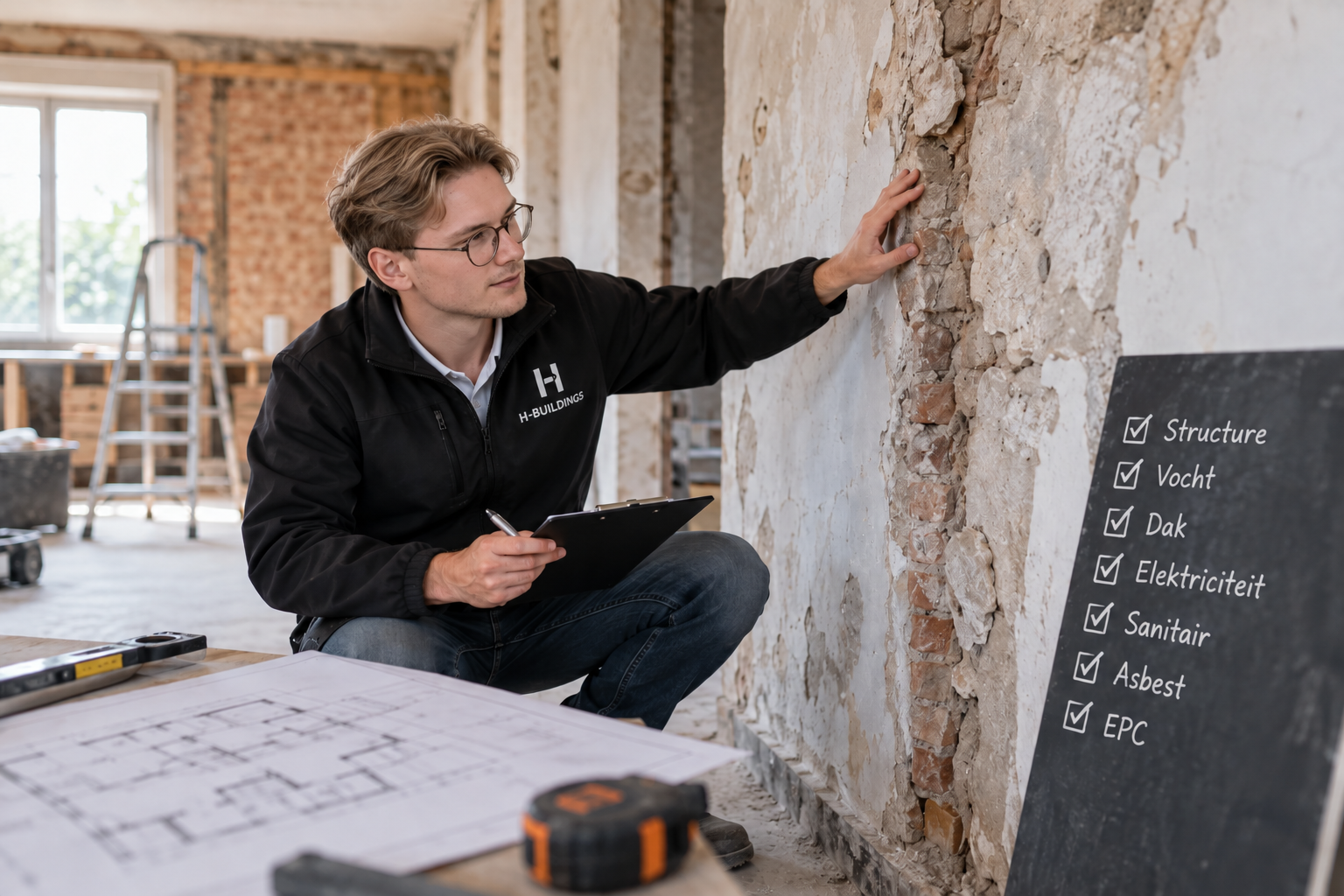 Bouwvakker inspecteert draagmuur en fundering bij renovatie van een oude woning